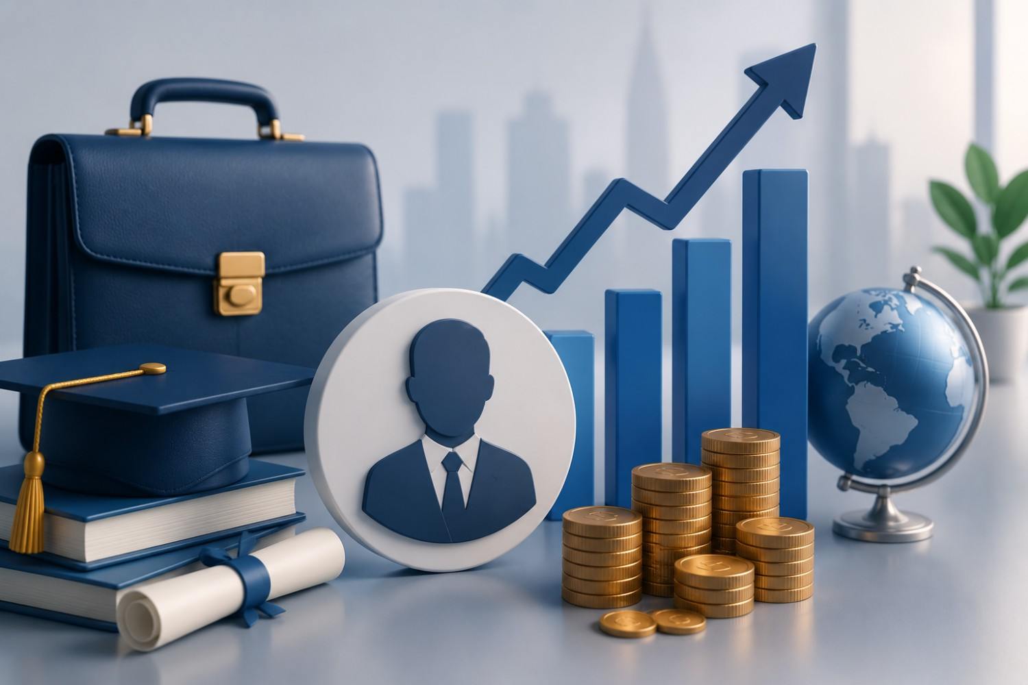 3D illustration representing EDHEC MSc Finance graduate salary outcomes with career growth chart, business briefcase, coins, graduation cap, professional profile icon and global finance symbols.